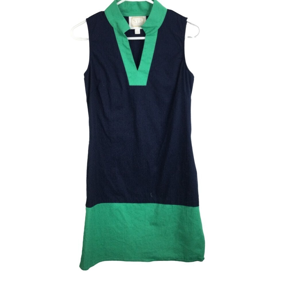 Sail To Sable STS Sleeveless Color Block V-Neck Shift Tunic Dress Navy Kelly XS